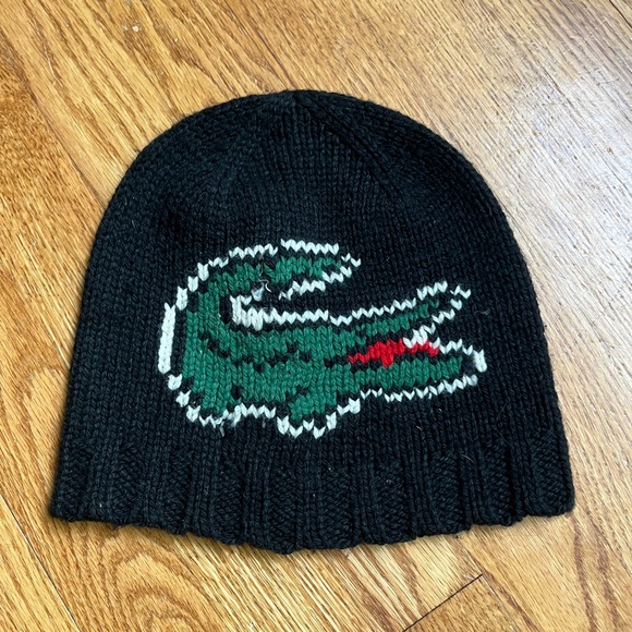 Lacoste Logo Black Knit Beanie Hat - Picture 1 of 2